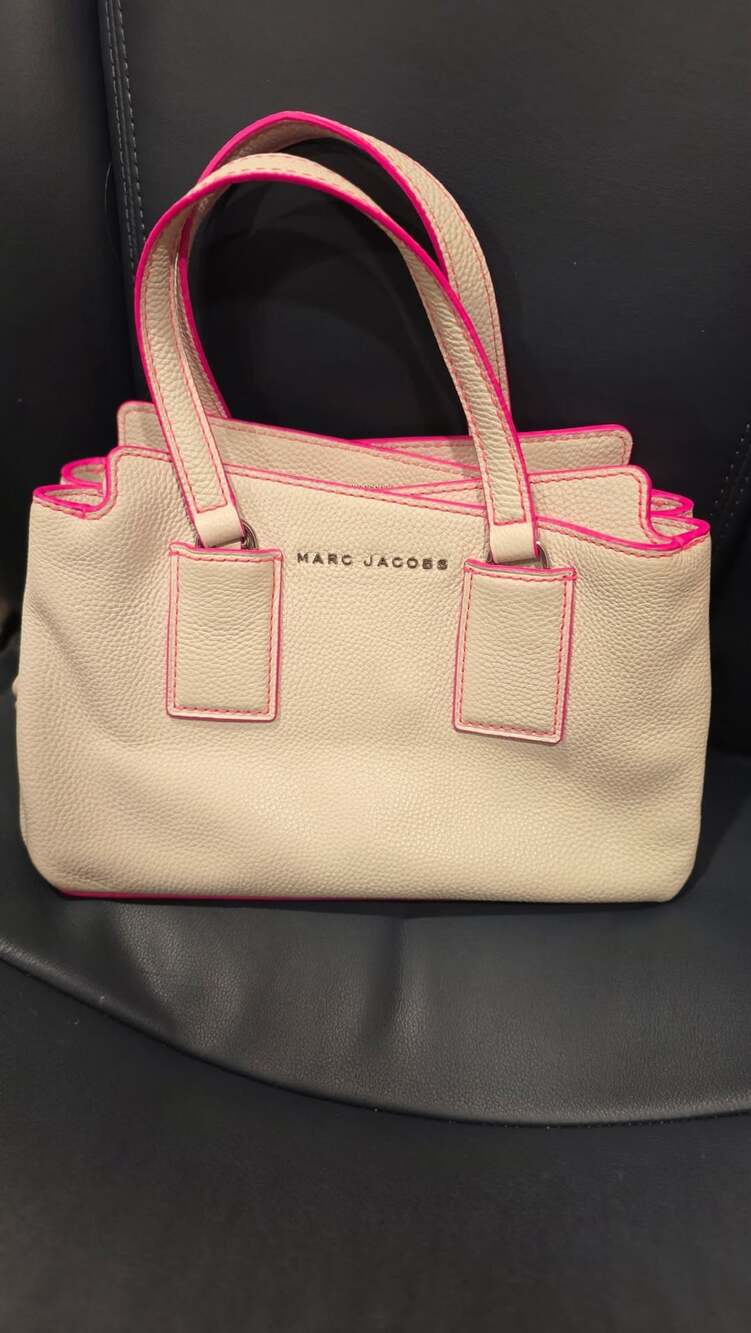 Marc Jacobs Pebbled Leather Dual Top Handle Satchel Bag with Neon Pink Trim
